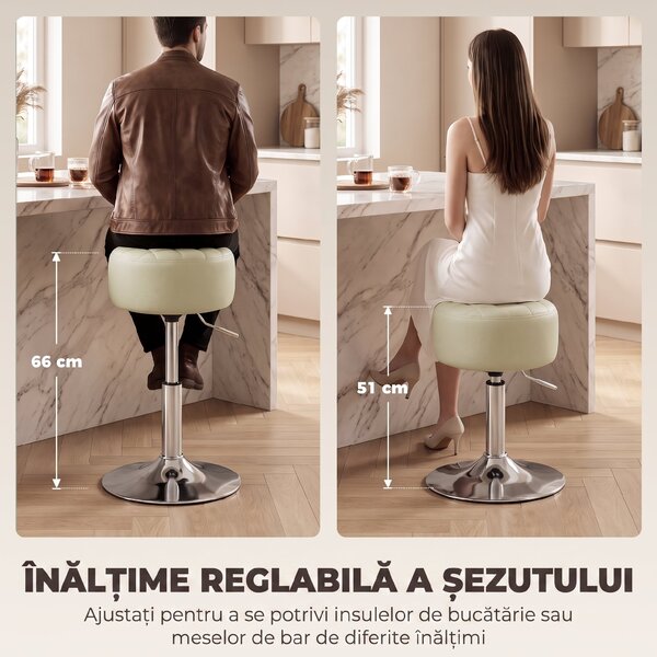 HOMCOM Scaun de Bar din Piele Ecologică PU, Reglabil pe Înălțime, Șezut Moale Gros, Rotire 360°, Pentru Insulă, Alb | Aosom Romania