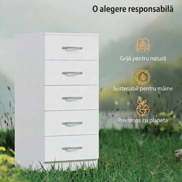 HOMCOM Comodă cu 5 Sertare, Design Modern, Slim, cu Mânere Argintii, Ideală pentru Dormitor, Cameră, Hol sau Living, Dimensiuni 40x35x85 cm, Alb | Aosom Romania