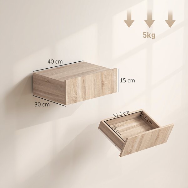 HOMCOM Set de 2 Noptiere Suspendate cu Sertar, Pereche de Noptiere Moderne din Lemn, Mese Laterale pentru Canapea, Living și Dormitor, 40x30x15 cm, Stejar | Aosom Romania