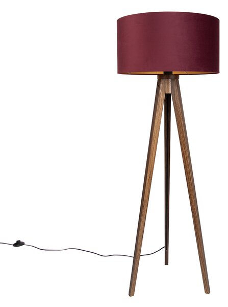 Lampă de podea trepied din lemn de nuc cu abajur roșu și interior auriu 50cm - Tripod Classic
