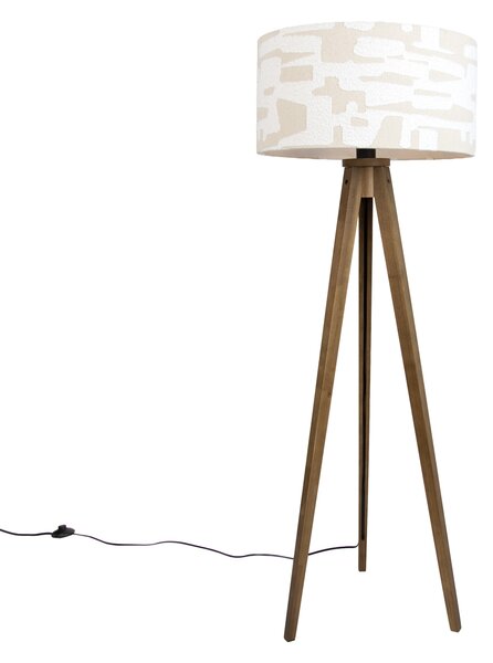 Lampă de podea din lemn cu abajur bej și alb cu dungi 50cm - Tripod Classic