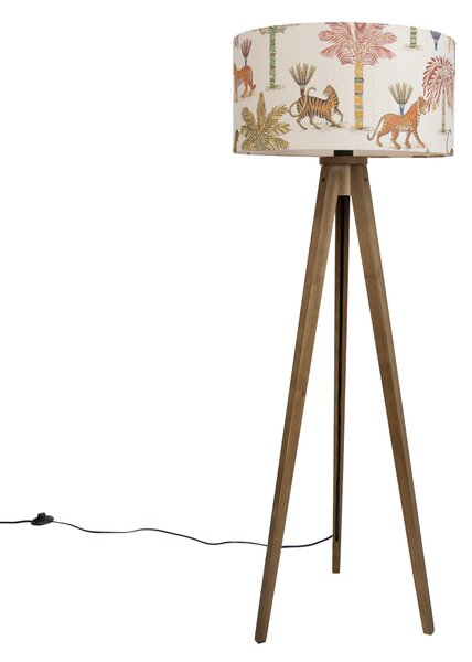 Lampă de podea din lemn cu abajur multicolor și cu imprimeu animalier 50cm - Tripod Classic