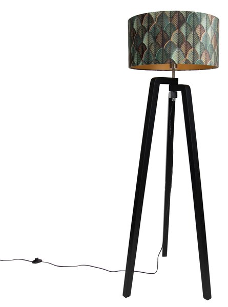 Lampă de podea neagră tip trepied cu abajur cu design de frunze și interior auriu 50cm - Puros