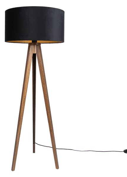 Lampă de podea din lemn de nuc cu abajur negru cu interior auriu 50cm - Tripod Classic