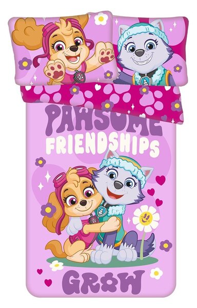Lenjerie de pat pentru copii roz din bumbac pentru pătuț 100x135 cm Paw Patrol "Pawsome friendships grow" – Jerry Fabrics