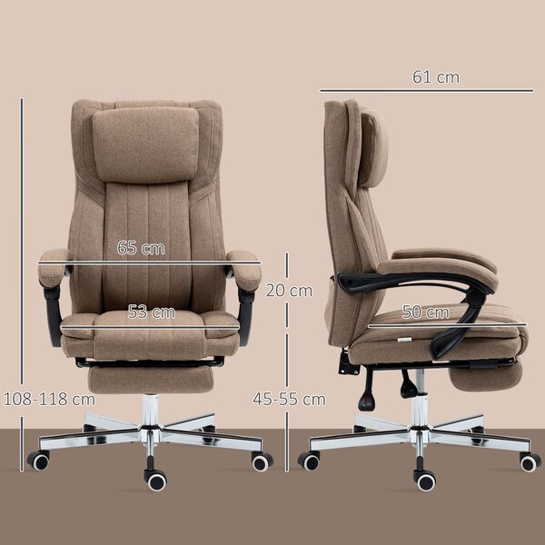 Vinsetto Scaun Rabatabil pentru Birou cu 6 Puncte și 5 Moduri de Masaj, Tetieră și Telecomandă, 65x61x105-113 cm, Maro | Aosom Romania