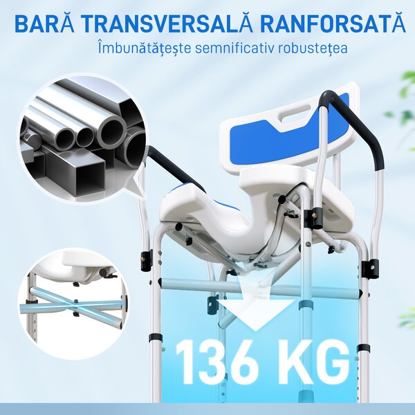 HOMCOM Scaun de Duș cu Spătar, Brațe, Șezut Canelatat, Bare de Ranforsare și Înălțime Reglabilă, 53x41,5x78,5-91,5 cm, Albastru | Aosom Romania