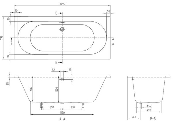 Villeroy & Boch O.Novo cada dreptunghiulară 179.5x79.5 cm alb UBA180CAS2V-01