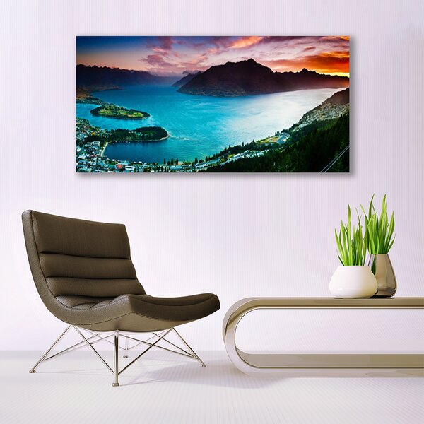Tablou pe panza canvas Fjord Munții Peninsula Peisaj Albastru Negru Roșu