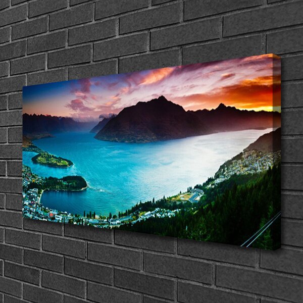 Tablou pe panza canvas Fjord Munții Peninsula Peisaj Albastru Negru Roșu