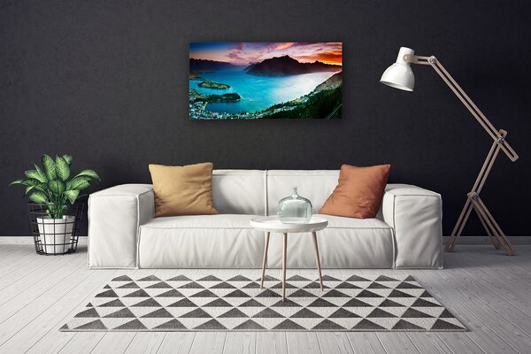 Tablou pe panza canvas Fjord Munții Peninsula Peisaj Albastru Negru Roșu