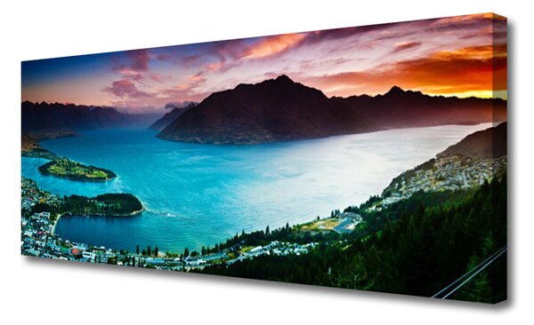 Tablou pe panza canvas Fjord Munții Peninsula Peisaj Albastru Negru Roșu