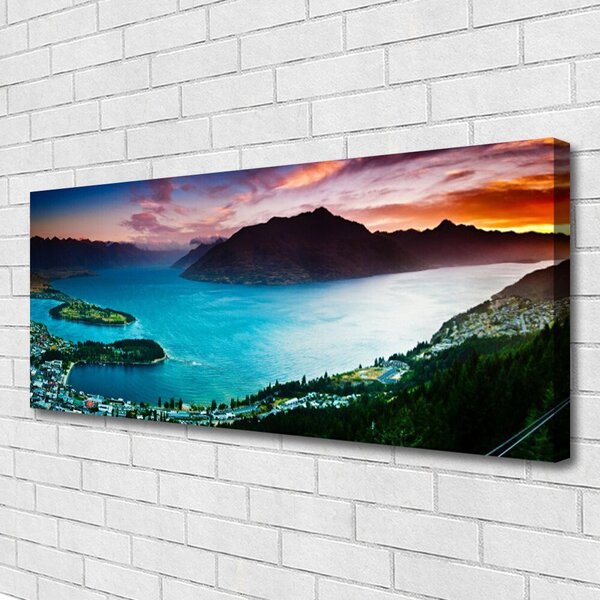 Tablou pe panza canvas Fjord Munții Peninsula Peisaj Albastru Negru Roșu