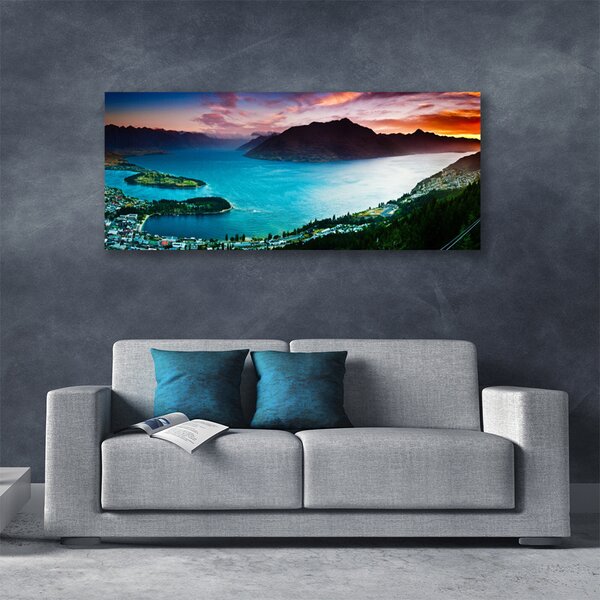 Tablou pe panza canvas Fjord Munții Peninsula Peisaj Albastru Negru Roșu