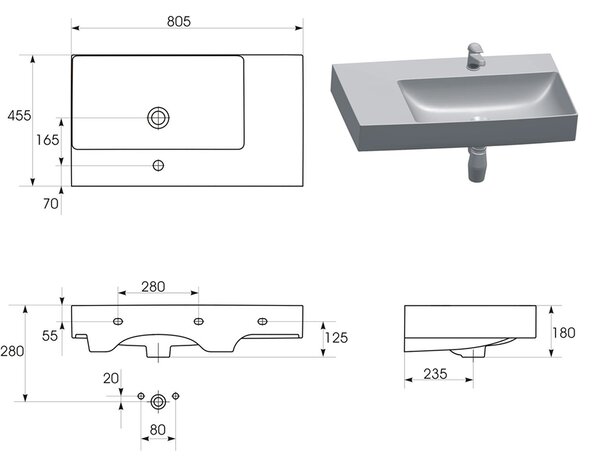 Cersanit Inverto lavoar 80x45 cm dreptunghiular de blat alb luciu K671-016
