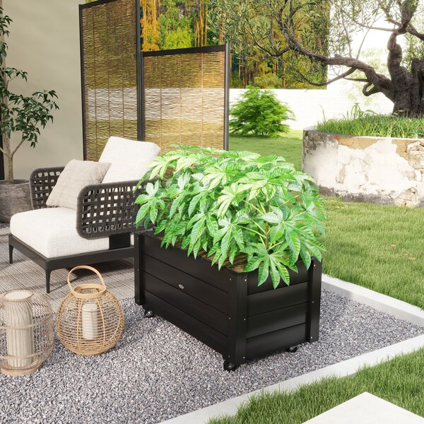 Outsunny Jardinieră de Grădină din Lemn de Brad cu Roti și Orificiu de Drenaj, Captuseală din Material Netesut, 89x48x47 cm | Aosom Romania