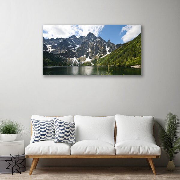 Tablou pe panza canvas Mountain Lake Forest Peisaj Verde Albastru Alb Gri