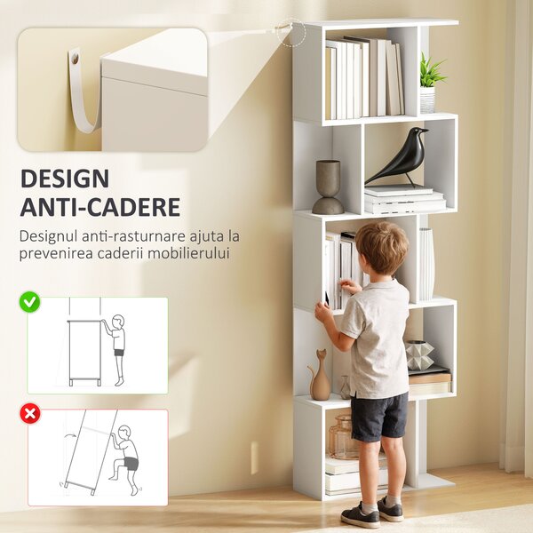 HOMCOM Raft pentru Cărți cu 5 Rafturi Separate, Bibliotecă în Formă de S din Lemn, 60x24x184,5 cm, Alb | Aosom Romania