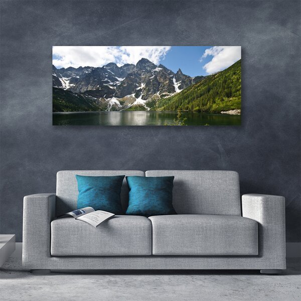 Tablou pe panza canvas Mountain Lake Forest Peisaj Verde Albastru Alb Gri