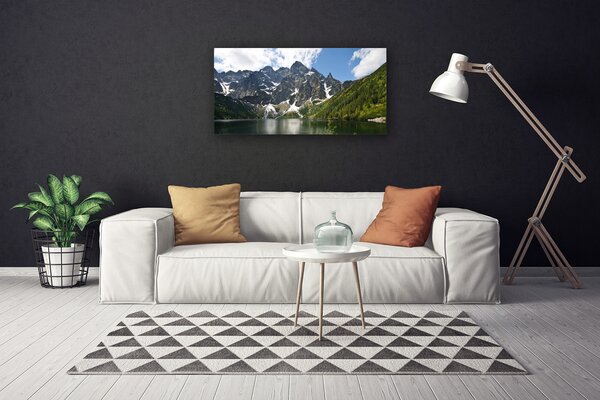 Tablou pe panza canvas Mountain Lake Forest Peisaj Verde Albastru Alb Gri