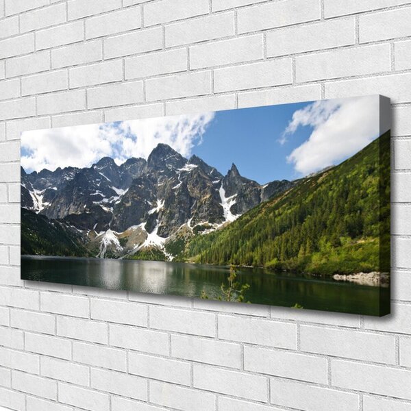 Tablou pe panza canvas Mountain Lake Forest Peisaj Verde Albastru Alb Gri