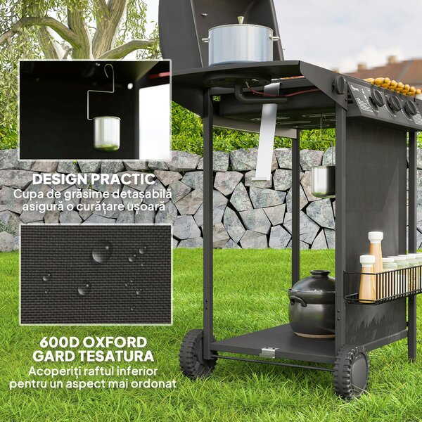 Outsunny Grătar pe Gaz cu Capac, Termometru, Masă Laterală și Tavă pentru Colectarea Grăsimii, 108x54x97 cm, Negru | Aosom Romania