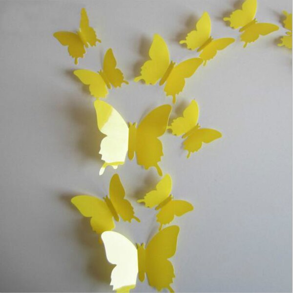 Autocolant de perete "Fluturi 3D din plastic - Galben" 12buc 5-10 cm
