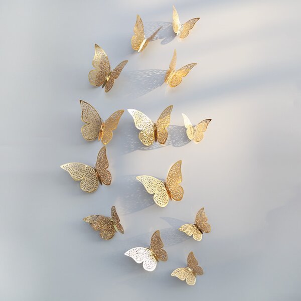 Autocolant de perete "Fluturi metalici - Aur" 12 buc 8-12 cm