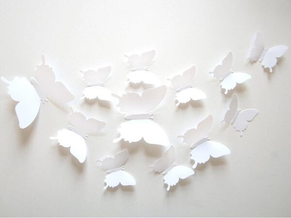 Autocolant de perete "Fluturi 3D din plastic - Alb" 12buc 5-10 cm