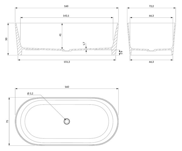 Omnires Ovo M+ cadă freestanding 160x75 cm ovală alb OVOWWBM