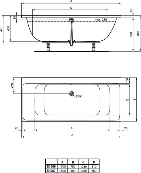 Ideal Standard Connect Air cada dreptunghiulară 180x80 cm alb E106701