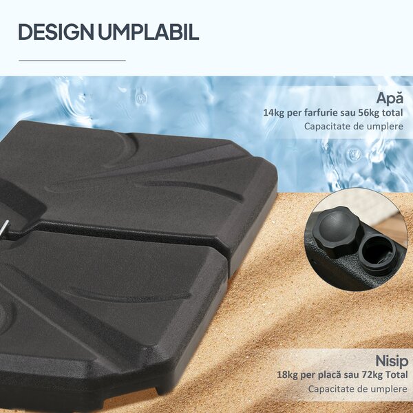 Outsunny Set 4 Baze Umbrelă Grădină din Plastic HDPE, Rezistente la Apă/Nisip, 103x103x8.3 cm, Negru | Aosom Romania