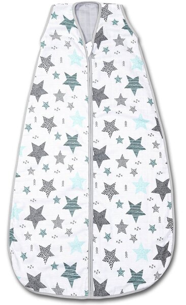 Sac de dormit copii de vara din muselina Kidizi All Mint Stars 75 cm, 100% bumbac, 0-9 luni