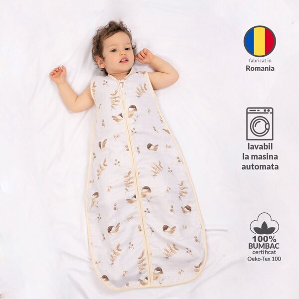 Sac dormit copii de vara din muselina Kidizi Birdy 90 cm, 100% bumbac, 6-24 luni 0.5 TOG