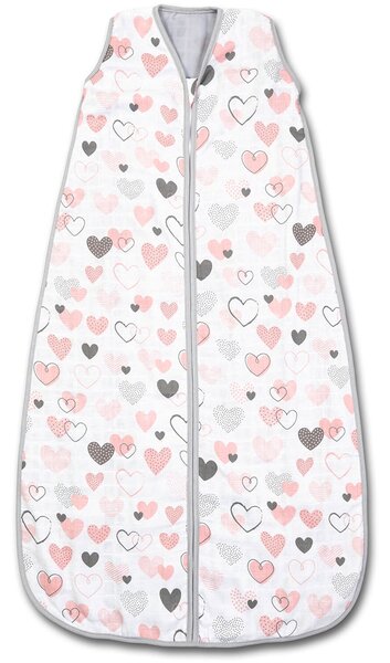 Sac de dormit copii de vara din muselina Kidizi Pink Hearts 75 cm, 100% bumbac, 0-9 luni