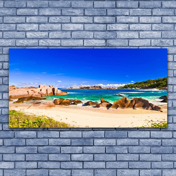 Tablou pe panza canvas Rocky Sea Beach Peisaj Albastru Galben Verde