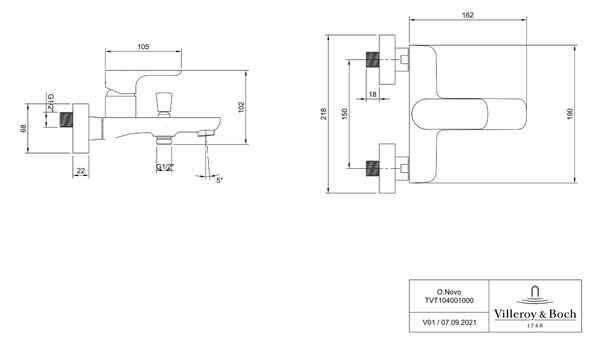 Villeroy & Boch O.Novo baterie cadă-duș perete crom TVT10400100061