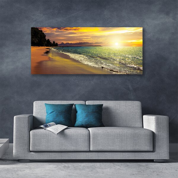 Tablou pe panza canvas Sun Sea Beach peisaj copac Verde Galben Albastru