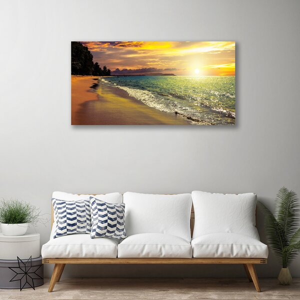 Tablou pe panza canvas Sun Sea Beach peisaj copac Verde Galben Albastru