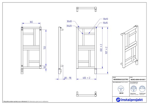 Instal Projekt Mondrian încălzitor electric 83.2x40 cm negru MONE-40/80C31+GH-03C2