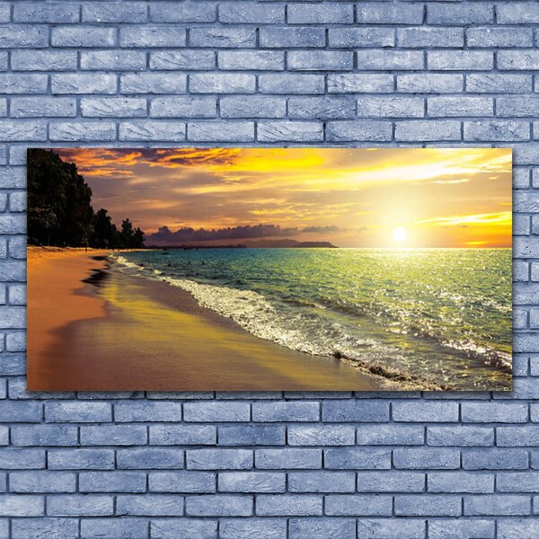 Tablou pe sticla Sun Sea Beach peisaj copac Verde Galben Albastru