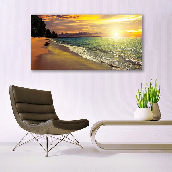 Tablou pe sticla Sun Sea Beach peisaj copac Verde Galben Albastru