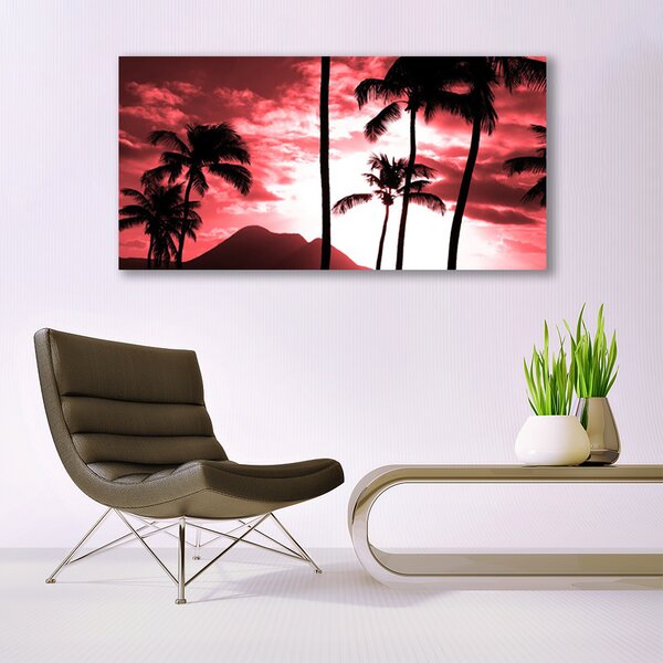 Tablou pe sticla Mountain Palm Copaci Natura Roz Negru Alb