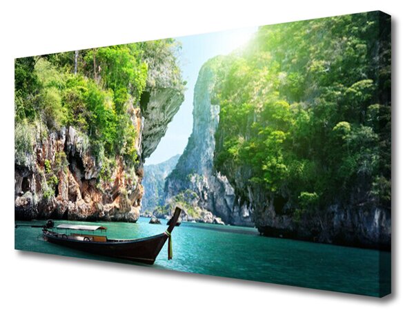 Tablou pe panza canvas Apa de munte Barca Natura Albastru Verde Gri