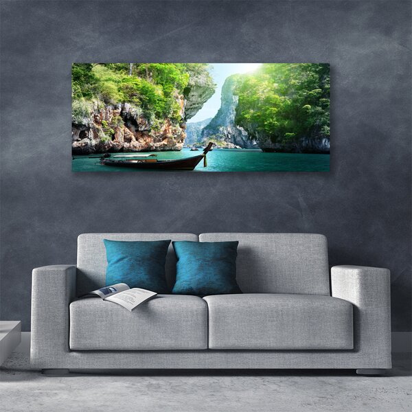 Tablou pe panza canvas Apa de munte Barca Natura Albastru Verde Gri