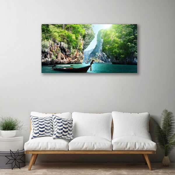 Tablou pe panza canvas Apa de munte Barca Natura Albastru Verde Gri