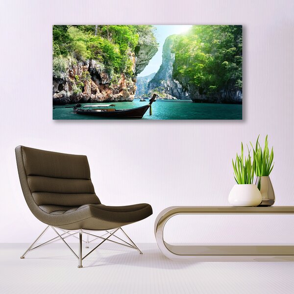 Tablou pe panza canvas Apa de munte Barca Natura Albastru Verde Gri