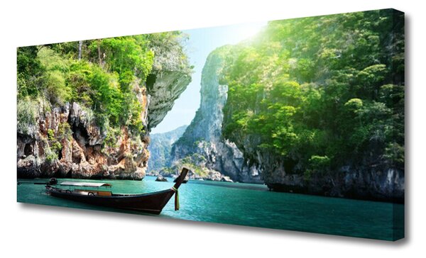 Tablou pe panza canvas Apa de munte Barca Natura Albastru Verde Gri