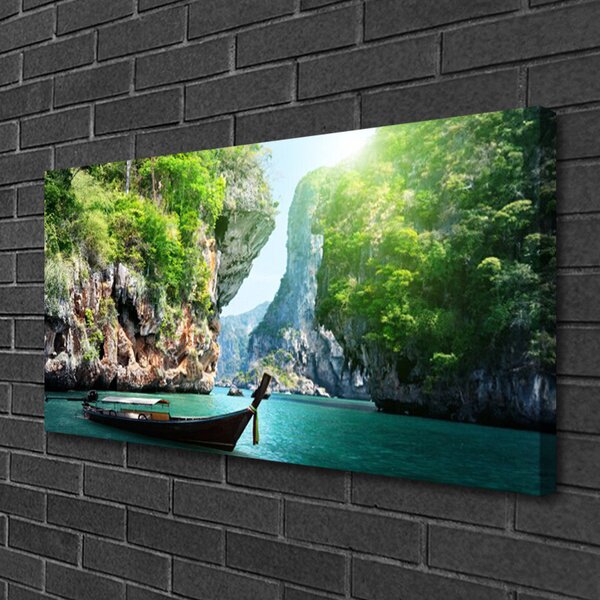 Tablou pe panza canvas Apa de munte Barca Natura Albastru Verde Gri