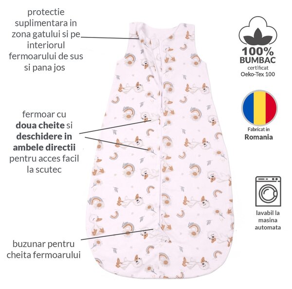 Sac de dormit de vara pentru copii 18-36 luni Kidizi Ducky , bumbac 100%, 0.5 tog